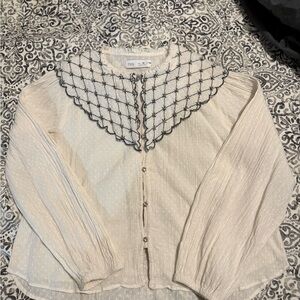 Zara kids Cream Pleated Blouse with beaded collar